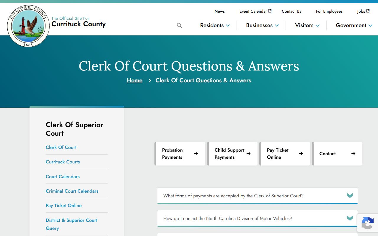 Currituck County Clerk of Superior Court Q and A court records page