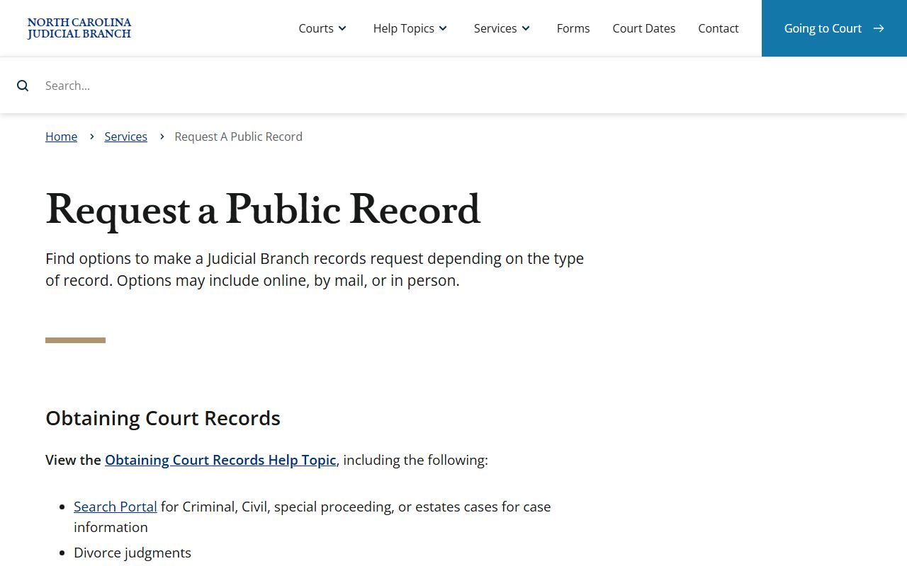 Currituck County court records Judicial Branch public-record request page