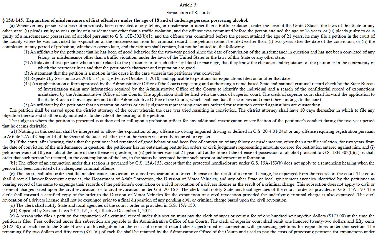 Currituck County criminal court records North Carolina expunction statutes